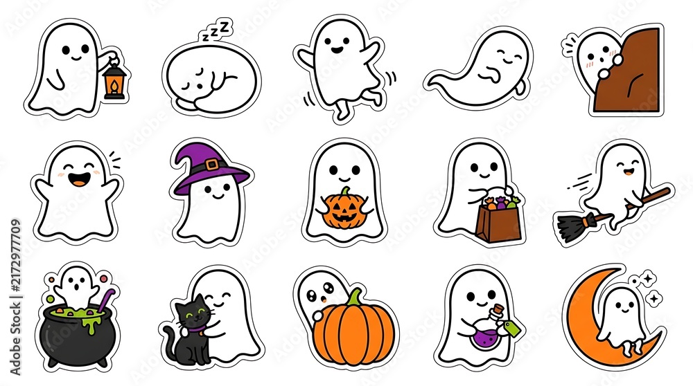 Fototapeta premium Set of cute hand drawn ghost stickers for halloween celebration featuring various funny characters and festive seasonal elements