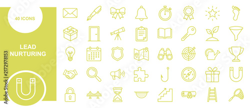 Set of clean line icons for lead nurturing strategies and building long term customer relationships