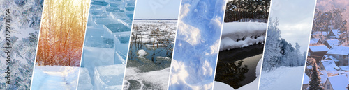 Panoramic winter landscape collage with diagonal stripes