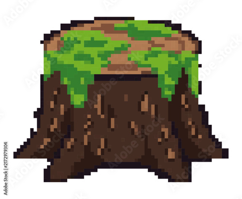 Tree stump with moss pixel art vector illustration