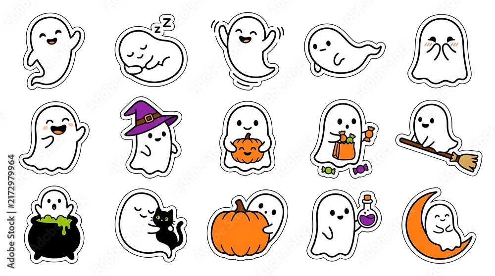 Fototapeta premium Set of cute hand drawn ghosts with halloween elements like pumpkins cats and witch hats for seasonal designs