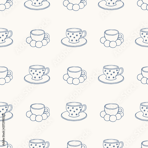 Seamless pattern with hand-drawn blue tea cups and saucers, decorated with floral prints, perfect for cafe menu designs