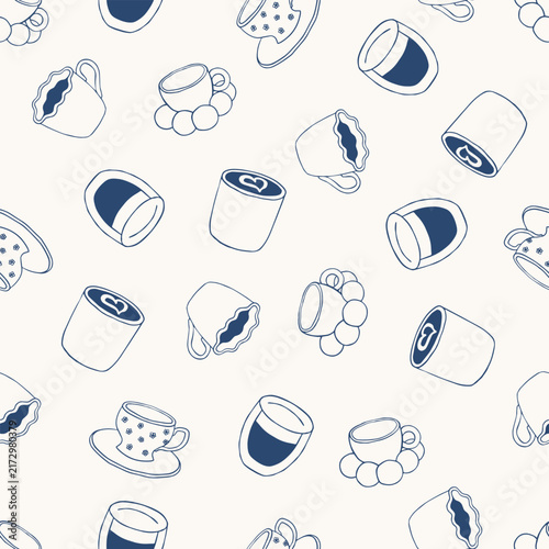 Seamless pattern with hand drawn coffee cups and mugs in blue outlines on a light background