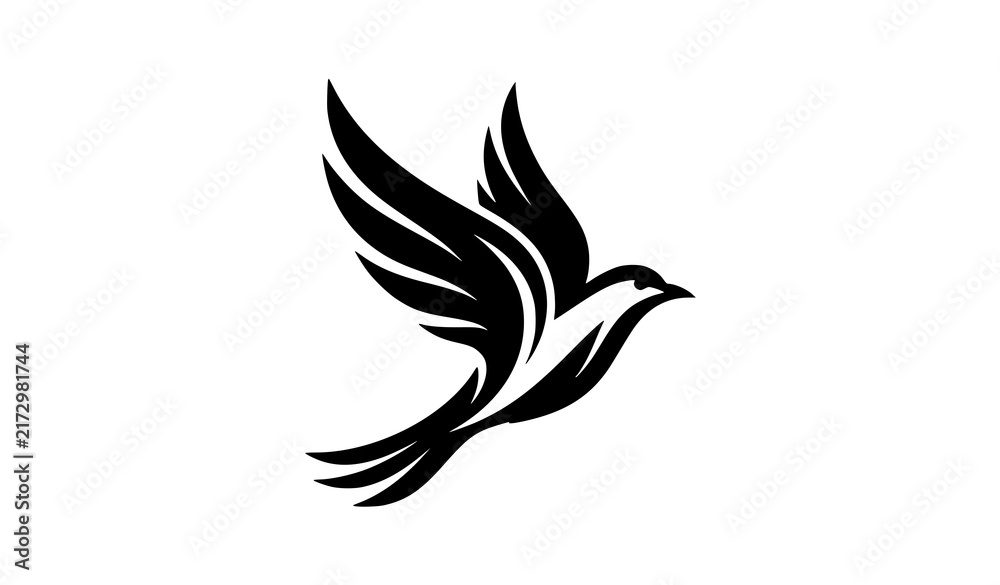 Fototapeta premium Black flying bird logo dove silhouette dynamic side view vector icon design for modern brand identity