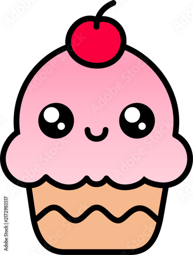 Cute pink cupcake character in bold outlined style