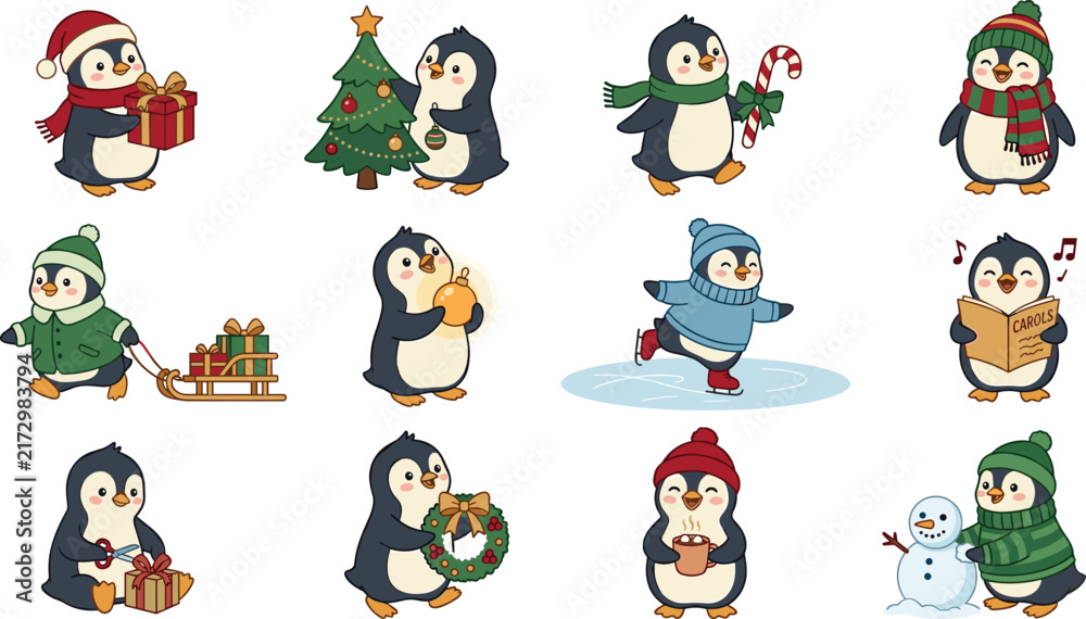Obraz premium Cute Christmas Penguin Cartoon Vector Character Set Featuring Playful Birds Ice Skating Singing Carols Decorating Tree and Building Snowman for Holiday Designs