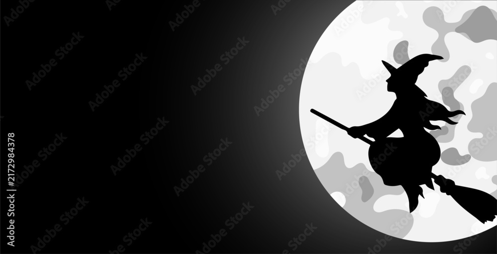 Fototapeta premium Silhouette of a witch flying on a broomstick against the backdrop of a full moon and a black night sky. Vector background with space for text.