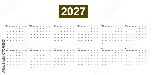 Green Header 2027 Calendar, extra wide six column double row office planner