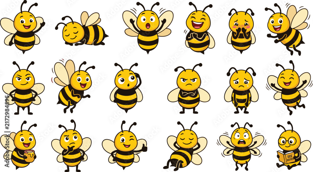 Obraz premium Cute Honey Bee Cartoon Character Vector Emoji Icon Set Featuring Diverse Emotional Poses Including Happy Angry Sad Confused Sleeping and Reading Mascot Illustrations