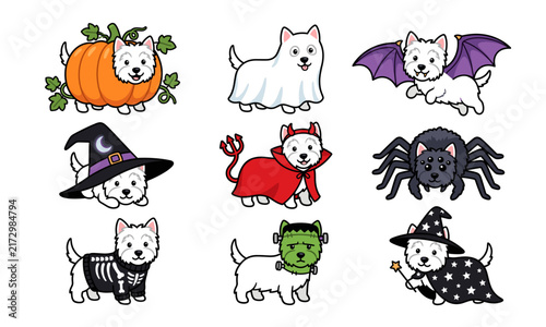 Westie dog halloween costume illustration set