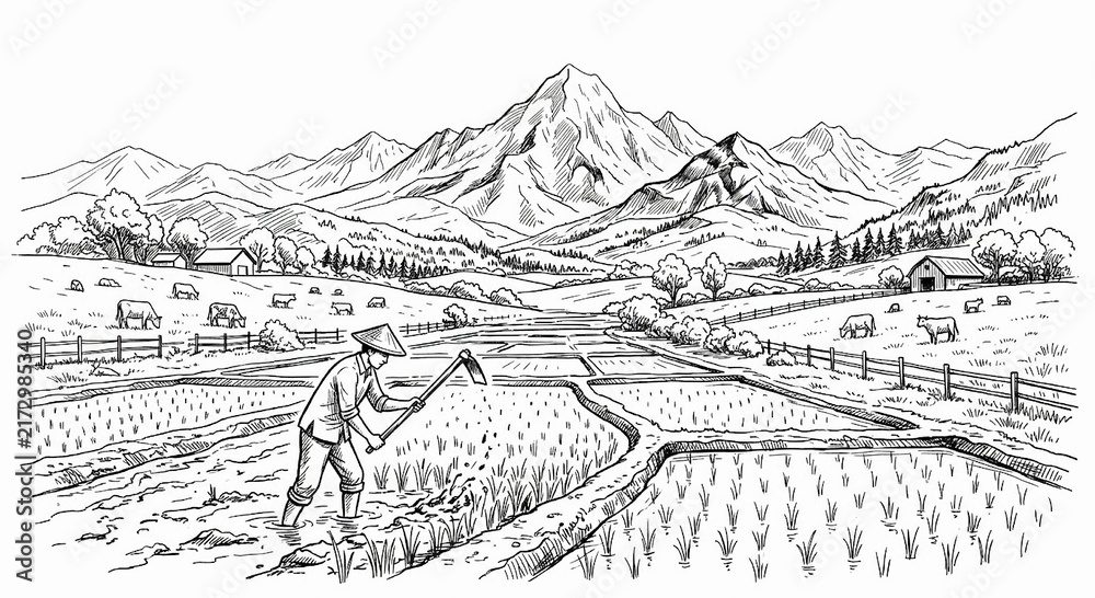 Fototapeta premium sketch of a farmer hoeing a rice field