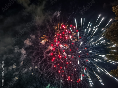 Obraz na płótnie Fuegos artificiales dorados y destellos rojos iluminan el cielo nocturno en una espectacular exhibición pirotécnica de celebración