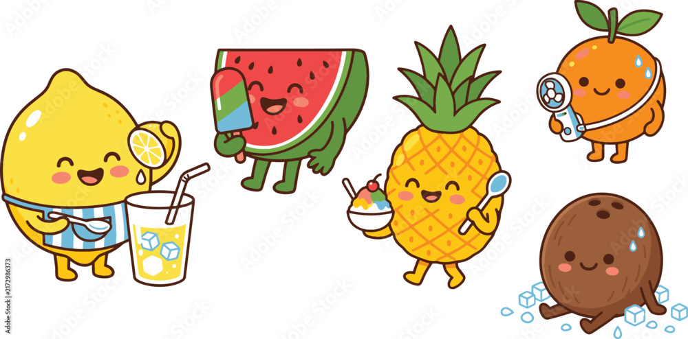 Obraz premium Cute Kawaii Summer Refreshment Fruit Characters Vector Set, Cooling Food Mascot Icons, Lemonade Popsicle and Shaved Ice Collection