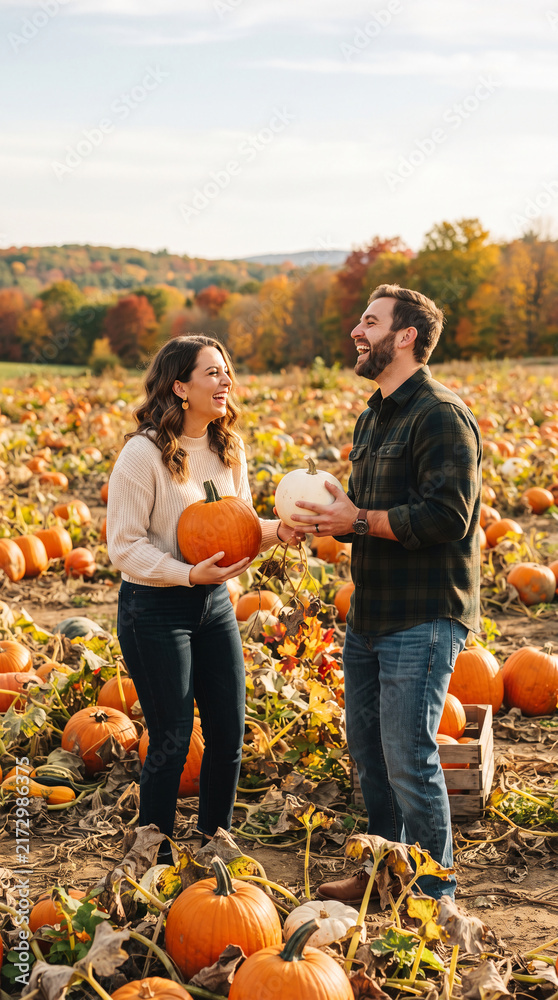 Obraz premium A couple laughs while holding pumpkins in a field, symbolizing autumn joy, harvest celebration, and fall activities.