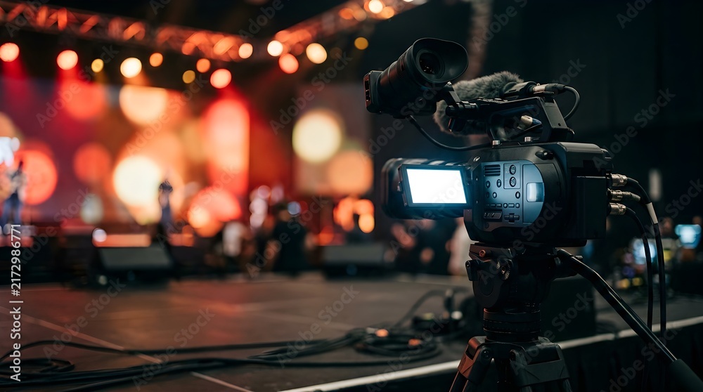 Fototapeta premium Professional video camera on tripod, live concert stage filming, event broadcast gear