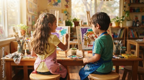 Creative Minds at Work: Two young children, immersed in their art, happily paint colorful creations at easels in a bright, sunlit classroom, fostering creativity and imagination.