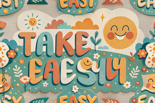 Take it easy, cute and colorful lettering illustration with happy sun, clouds, and flowers.