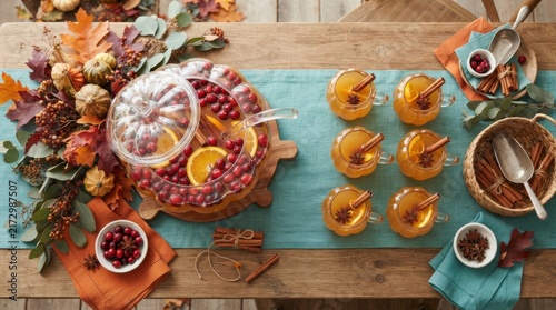 Autumnal Harvest Punch Party: A festive spread of spiced apple cider punch and cranberry garnish, set against a backdrop of fall foliage and rustic decor, evokes a warm harvest celebration.