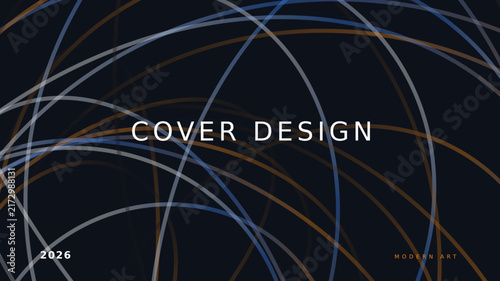 Modern cover design with abstract curved lines and minimalist typography. Elegant dark background with blue, grey and orange strokes. Conceptual vector layout for magazines