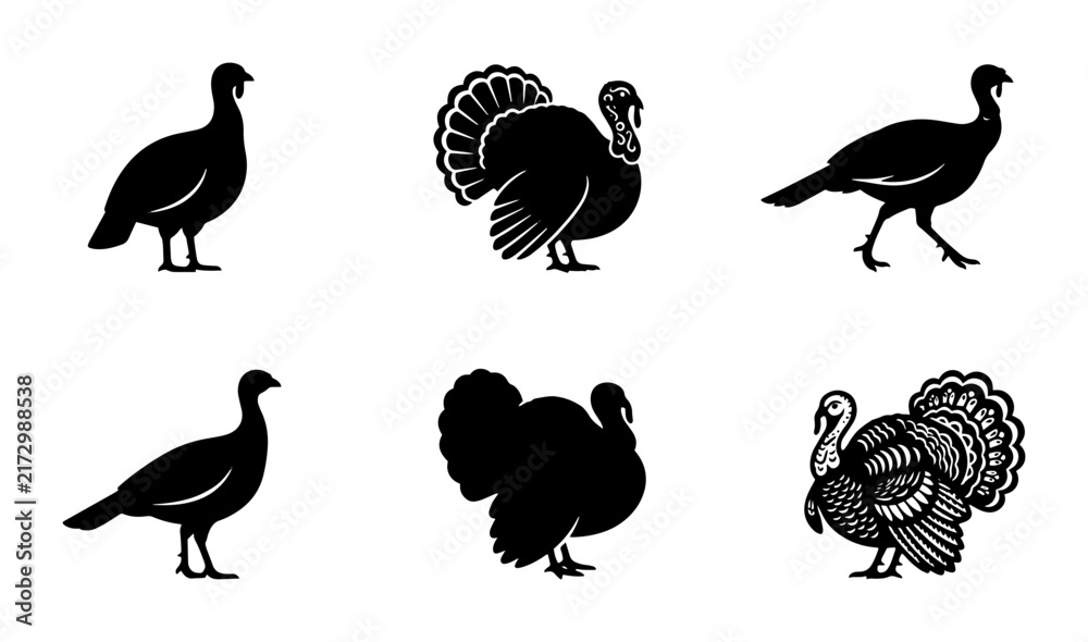 Obraz premium 70 Turkey Silhouette Icons Set, Farm Bird Vector Graphics, Poultry Animal Illustrations, Thanksgiving Poultry Collection 100