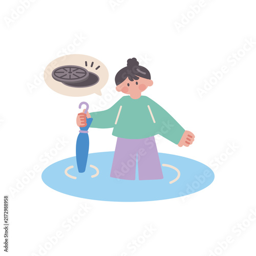 浸水でマンホールの蓋が開いてないかチェックする人のイラスト