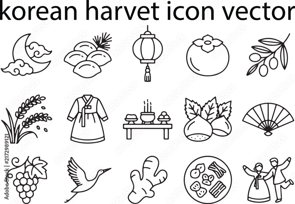 Obraz premium Korean Chuseok Harvest Festival Line Art Vector Icon Set