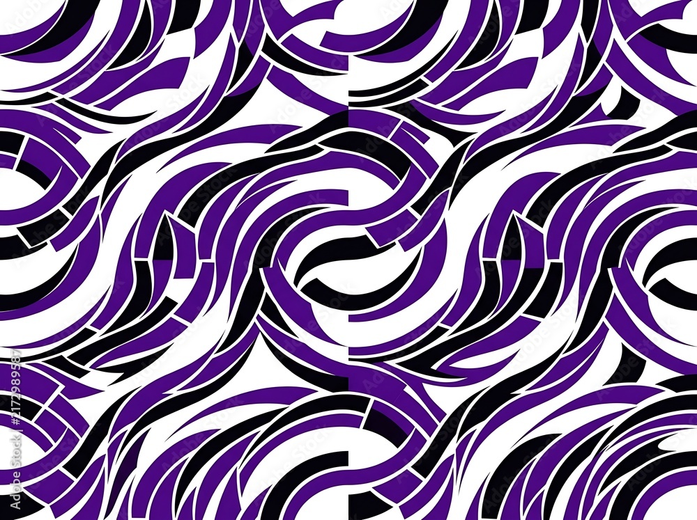 Abstract purple and black curved shapes seamless pattern on white background