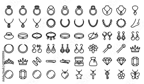 Bild auf Leinwand Jewelry Collection Line Art Icons Set with Rings Necklaces Earrings and Bracelet