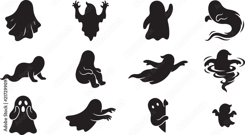 Obraz premium Set of cute and spooky ghost silhouettes in different eerie actions with silhouette