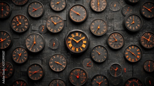 Collage of Vintage Clocks: A textured dark background displays a collage of numerous vintage analog clocks, each with roman numerals and intricate hands, creating a timeless and antique aesthetic.
