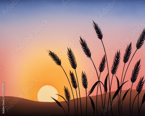 Golden wheat sunset vector minimal ear of barley icon boho natural product emblem design illustration