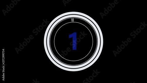5 second countdown timer, digital circular animation with navy blue digits from 5 to 0 seconds on black background, simple countdown for movie intro and video start