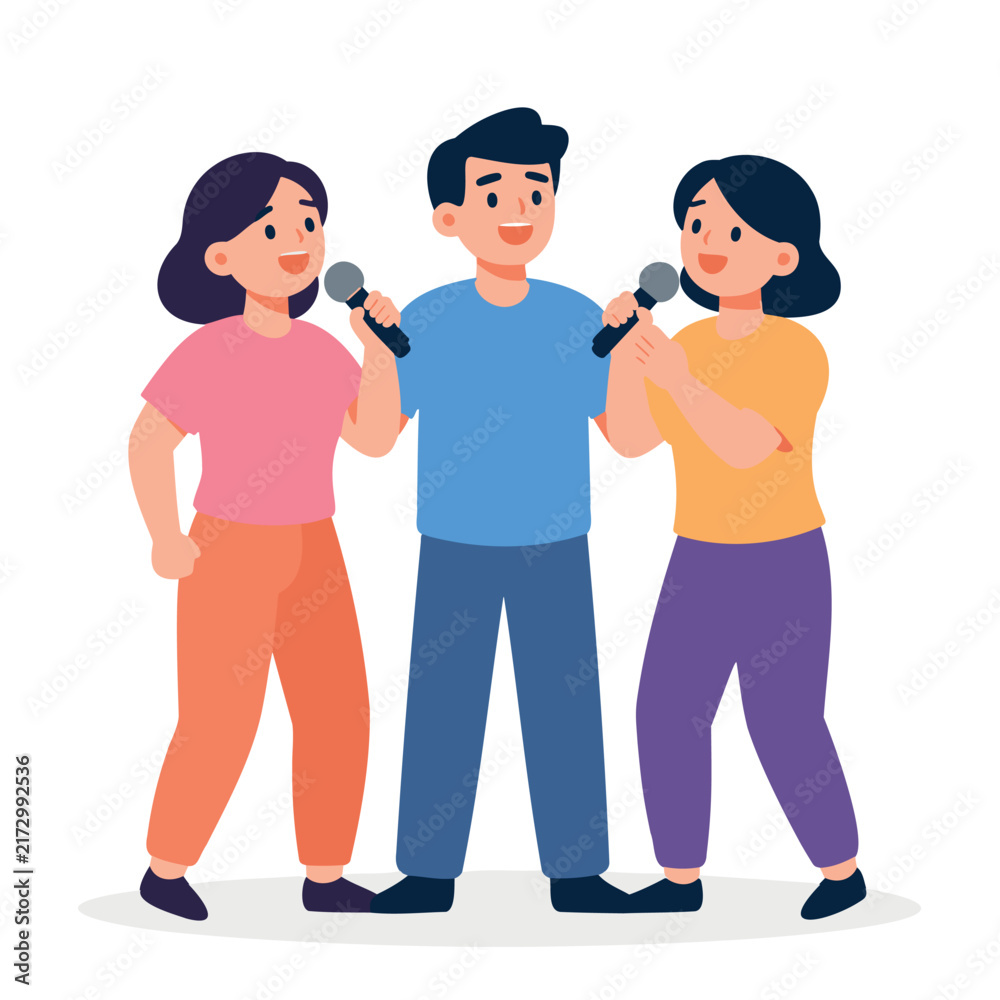 Fototapeta premium Three people holding microphones and singing together in a group