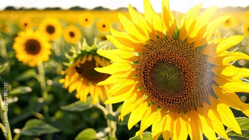Bright yellow sunflower field in golden sunlight summer agriculture