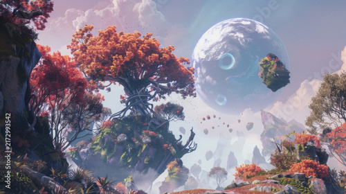 Mystical tree with autumn leaves and floating island in dreamy fantasy landscape