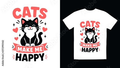 Black cat face vector illustration with whiskers and happiness text for apparel design whiskers happiness illustration