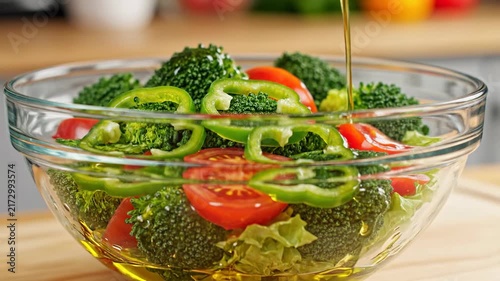 Broccoli and tomato salad preparation with olive oil drizzle close up