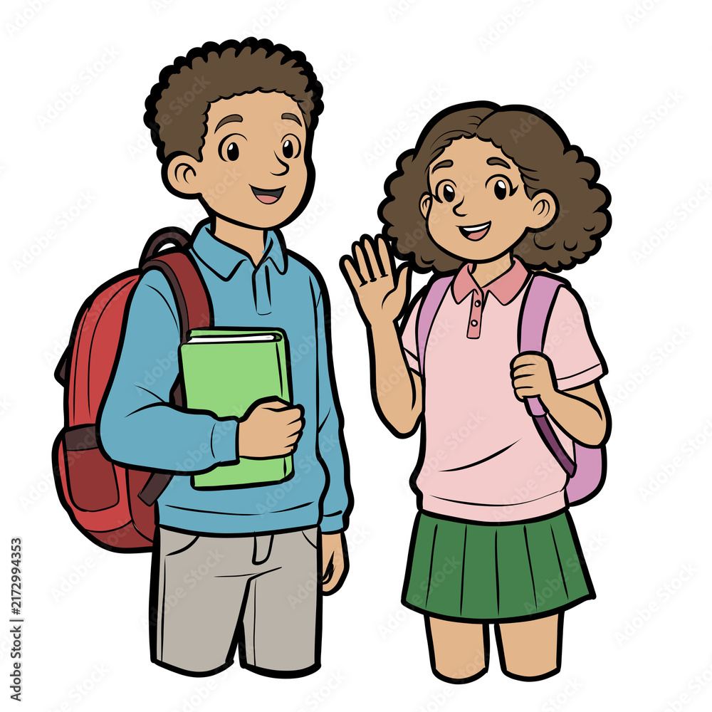 Obraz premium Cute cartoon diverse school boy and girl students with backpacks illustration isolated on transparent background
