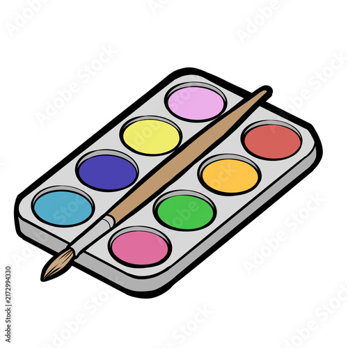 Cute cartoon watercolor paint palette and brush illustration isolated on transparent background