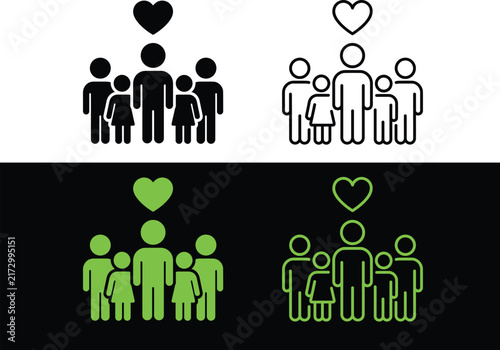 WebFamily Care and Love Protection Icon Set with Parents, Children, and Floating Heart Symbol