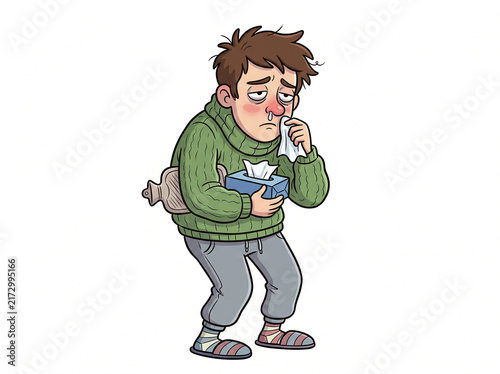 Man stands feeling unwell, holding a box of tissues and a hot water bottle.