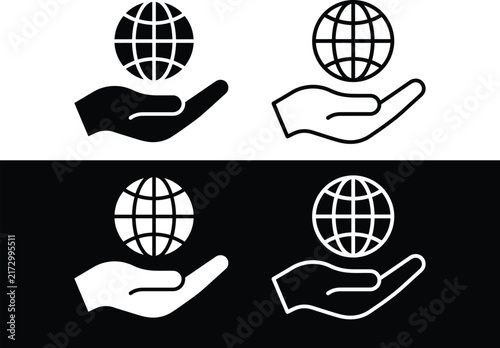 WebEarth Globe on Open Hand Palm Icon Set for Global Care Environment Protection and Worldwide Logistics Support