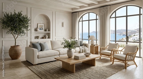 Luxurious mediterranean living room interior with arched overlooking the sea and comfortable neutral furniture