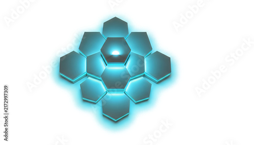 Abstract blue glowing hexagon honeycomb pattern isolated on white background