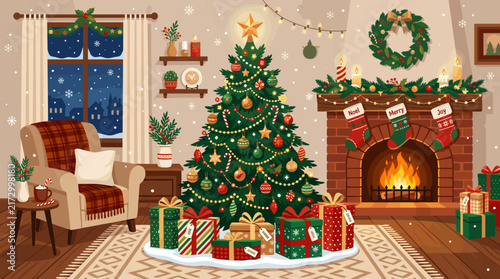 Festive Christmas Scene with Decorated Tree and Gifts on a White Background