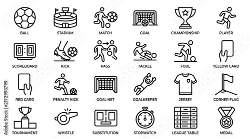 Football game action and tournament statistics icons showing match play dynamics player movements referee decisions league standings and award ceremonies.