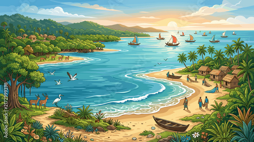 Tropical Beach Scene with Palm Trees, Boats, and Clear Blue Water