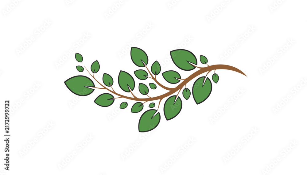 Obraz premium Hand drawn illustration of a natural green leafy branch with detailed brown stems isolated on a white background.
