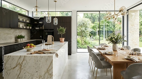 Modern luxury open plan kitchen and dining area with marble island and wooden table dining chairs modern interior