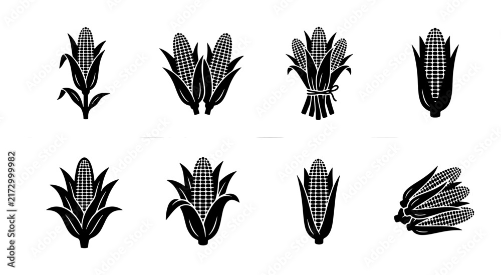 Obraz premium 70 Corn Cob Vector Icons Set, Maize Harvest Illustrations, Agricultural Food Symbols, Organic Grain Graphics, Black and White Farm Elements 100